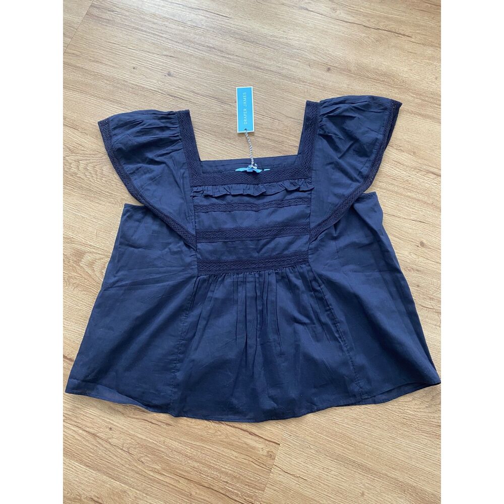 Draper James Navy Square Neck Flutter Sleeve Embroidered Maren Top Size Medium N